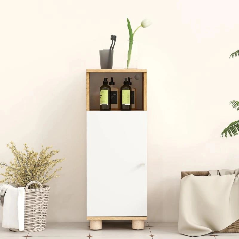 MOBILETTO BAGNO SALVASPAZIO CON ARMADIETTO A 2 RIPIANI E VANO APERTO, 30X30X79.7 CM, BIANCO E LEGNO
