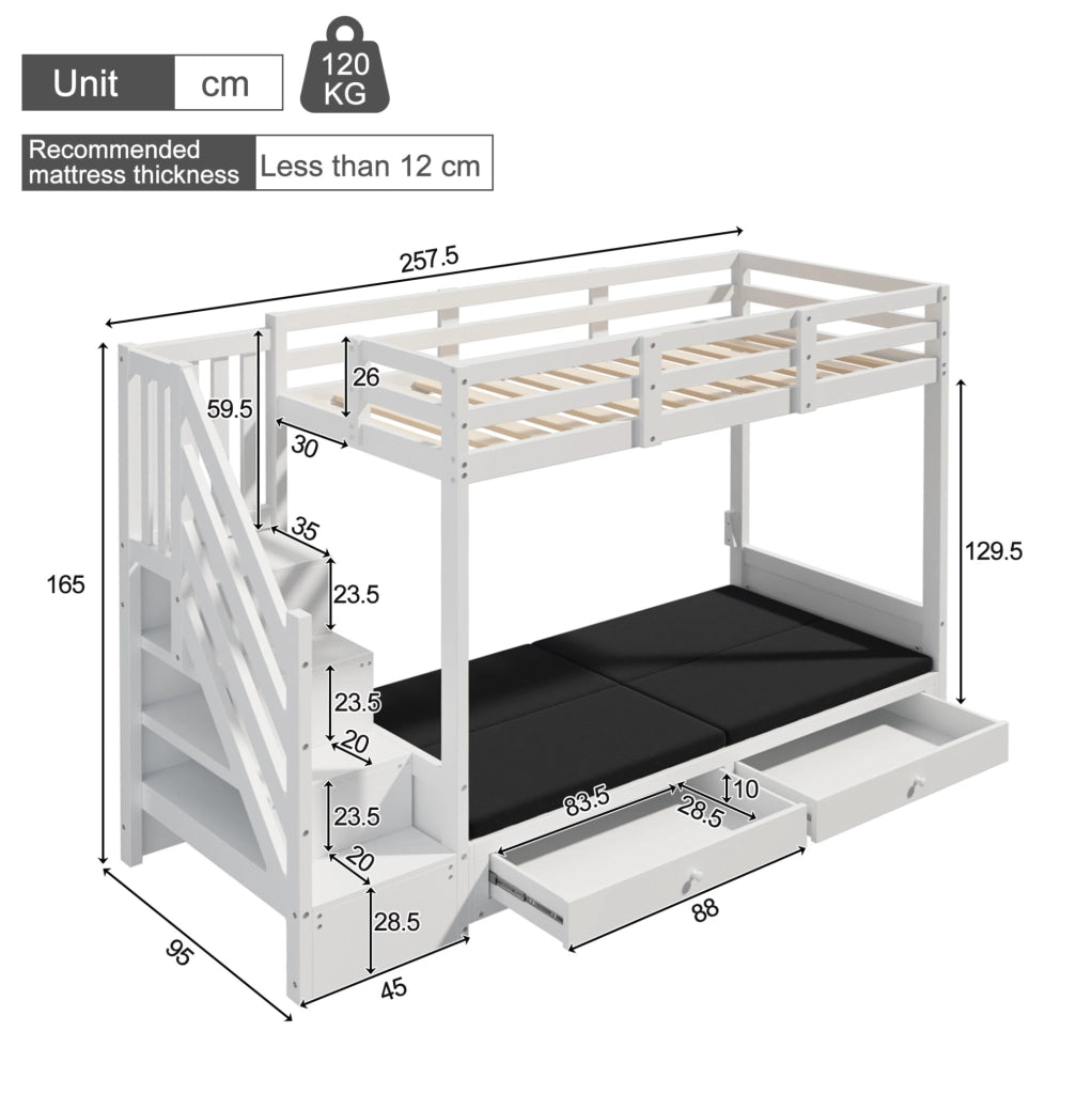 Letto a castello multifunzione 90x200 cm in legno massello e MDF; bianco; con scala contenitore e cassetti