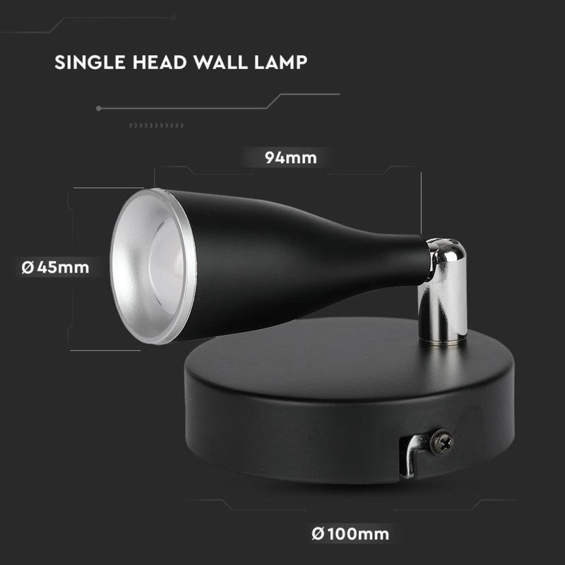 Applique Lampada Led Da Parete Colore Nero 3000K Con Testa Orientabile IP20 4,5W SKU-218263