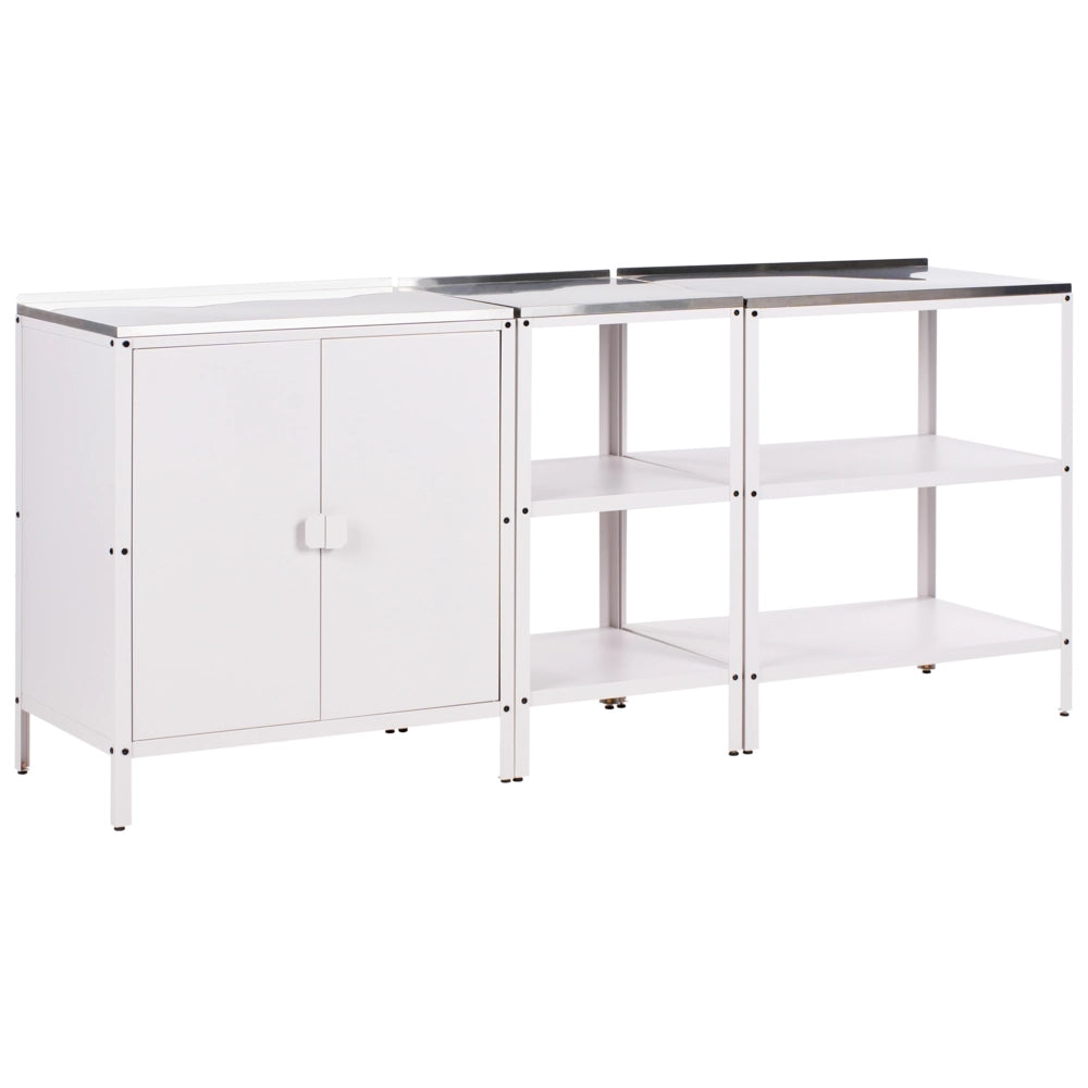 Set cucina da esterno 3 elementi acciaio inox bianco 2 armadietti portaoggetti stazione da cucina esterna