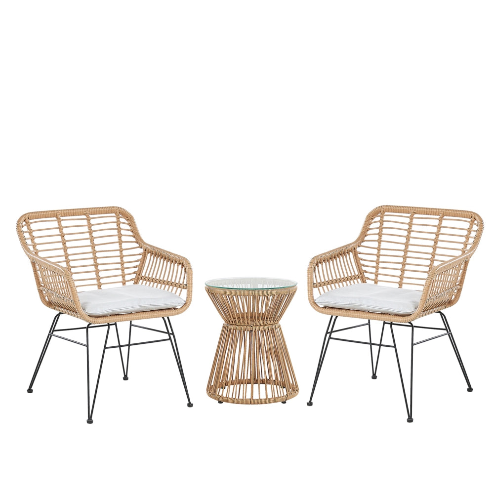 Set bistrot marrone finto rattan gambe tornanti in acciaio Nero 2 sedie con cuscini grigi piano tavolo in vetro set da esterno a 2 posti