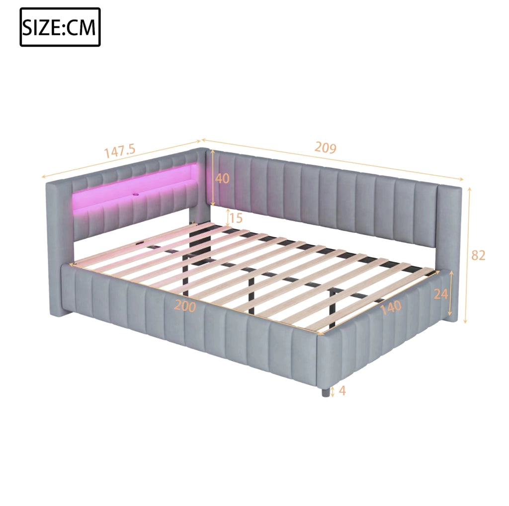 Letto imbottito a L 140x200 cm in velluto grigio con LED e porta USB
