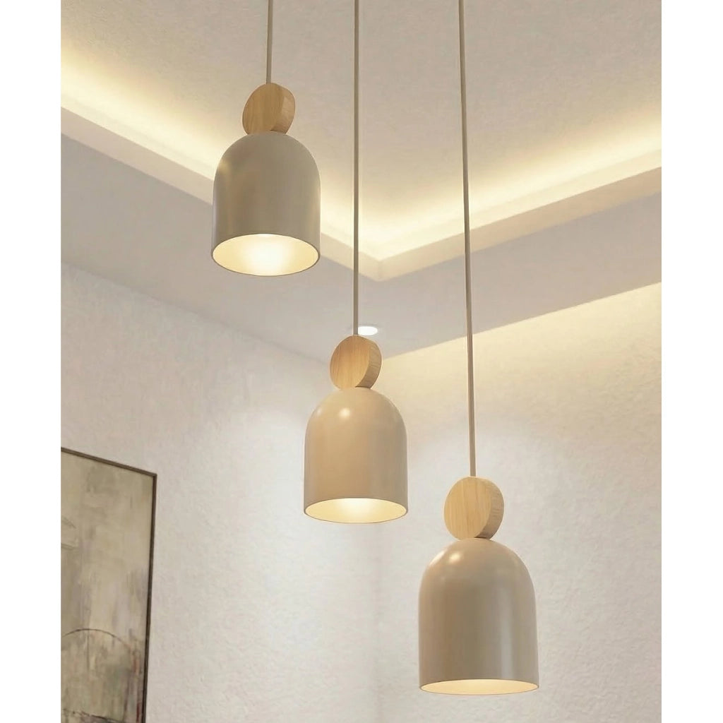 Lampada a sospensione MESI in acciaio beige e legno