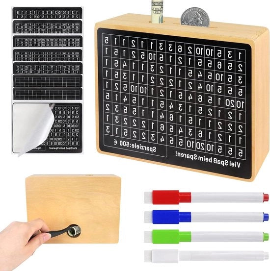 Spazzola per la raccolta del denaro - Obiettivo e numeri da inserire - Cassetto per la risparmiatrice con obiettivo da inserire - Nessuna assemblaggio richiesta