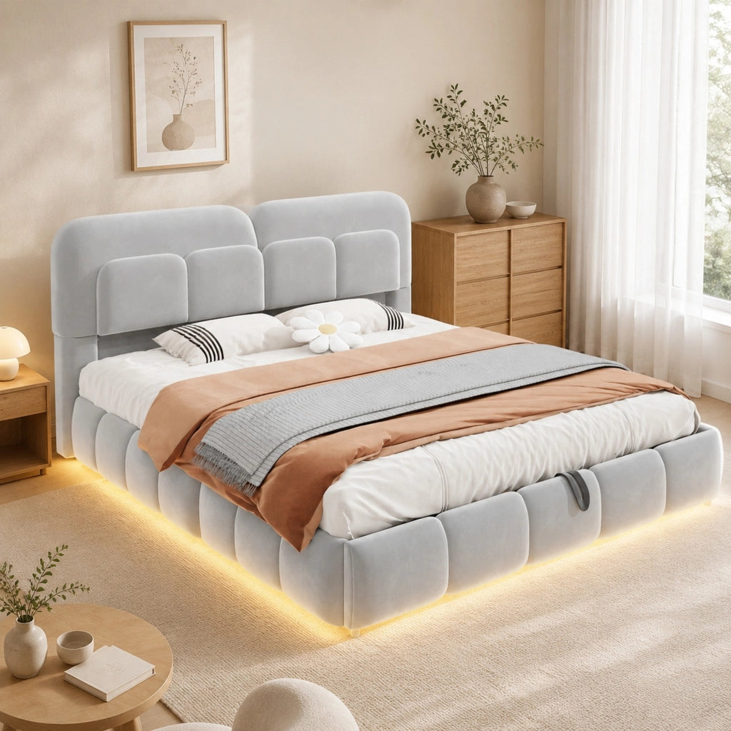 Letto matrimoniale imbottito 140 x 200 cm con contenitore idraulico; LED e velluto grigio