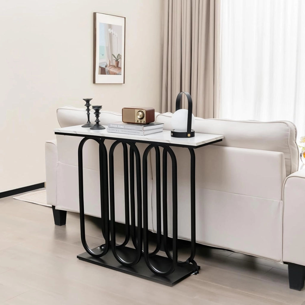 Tavolo consolle effetto marmo, tavolo d'ingresso con telaio rotondo in metallo, sottile, tavolino da salotto, con protezione antiribaltamento, tavolo lungo, 100 x 30 x 80 cm