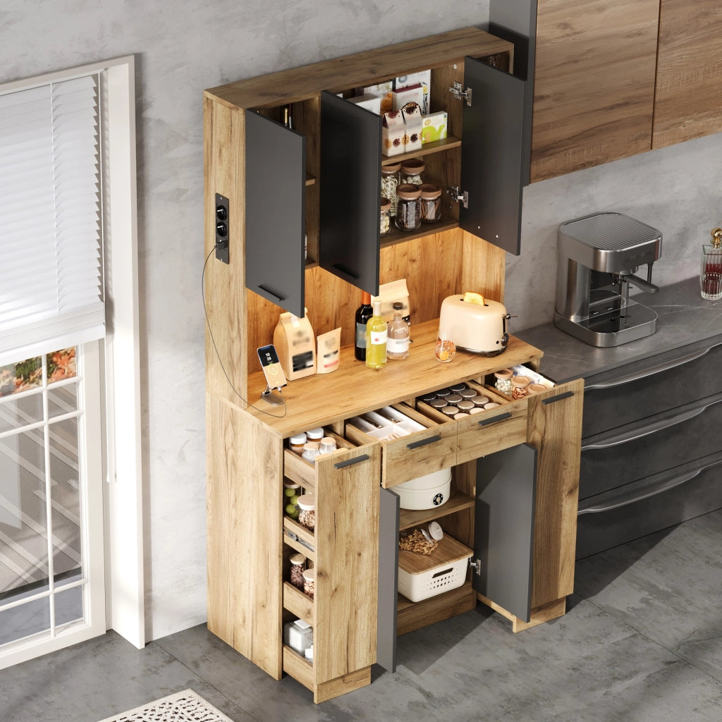 ARMADIO DA CUCINA 100x40x180 cm MDF Nero/Naturale con LED e prese