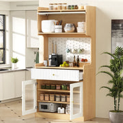 Credenza alta con LED, 1 cassetto, ripiani regolabili e anta a ribalta, per cucina e soggiorno, 80 × 40 × 180 cm