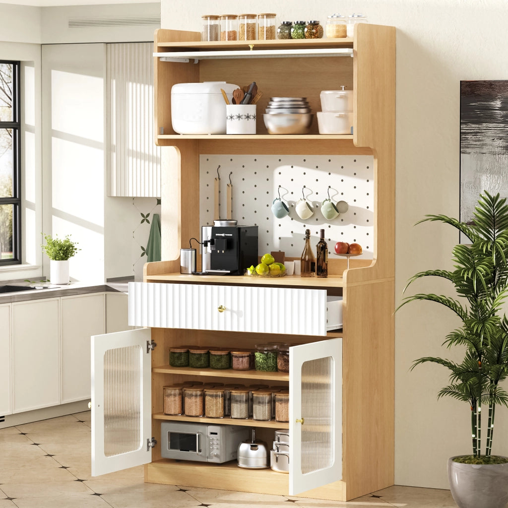 Credenza alta con LED, 1 cassetto, ripiani regolabili e anta a ribalta, per cucina e soggiorno, 80 × 40 × 180 cm