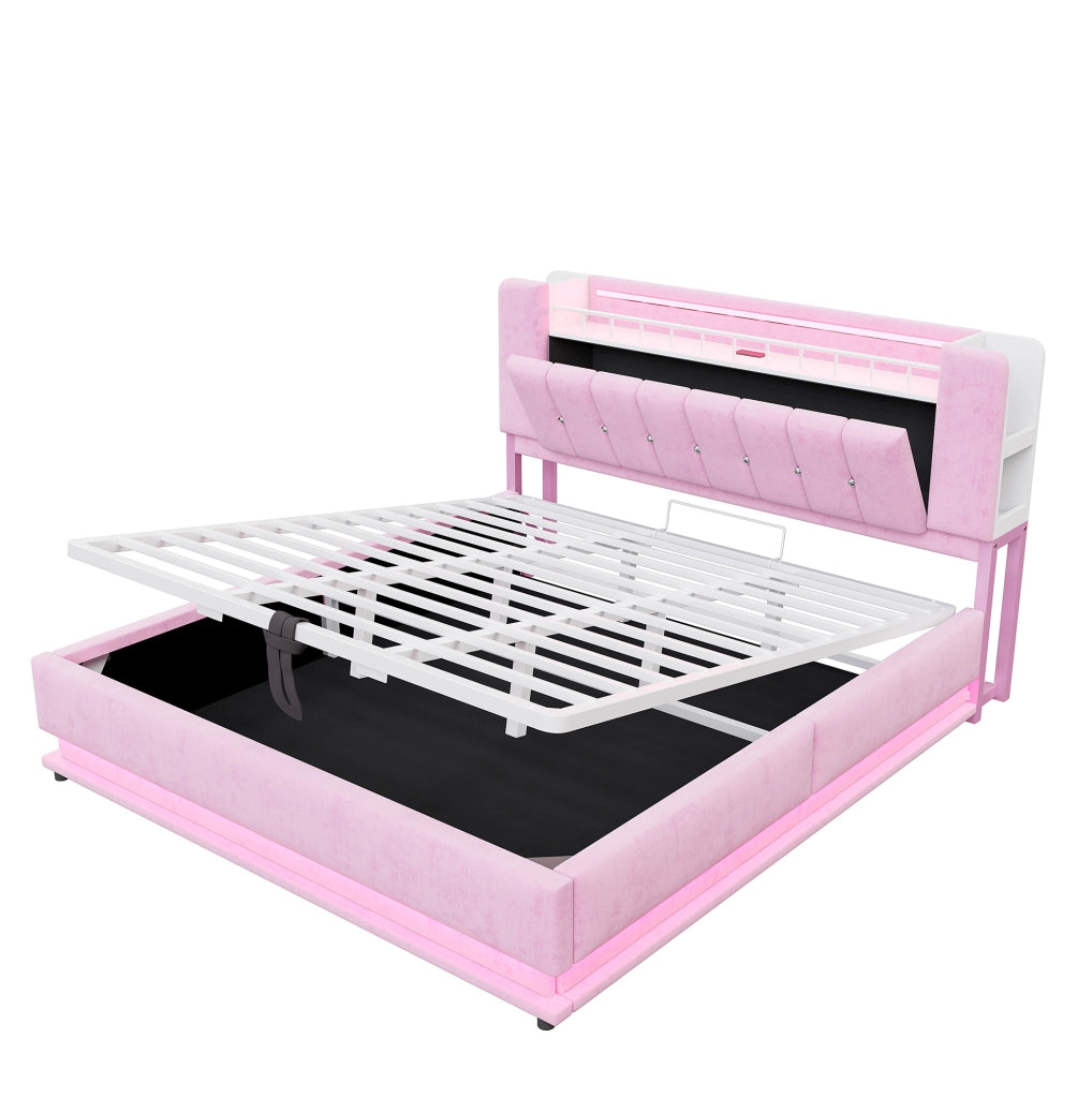 Letto matrimoniale imbottito 180x200 cm con LED; USB e contenitore; rosa
