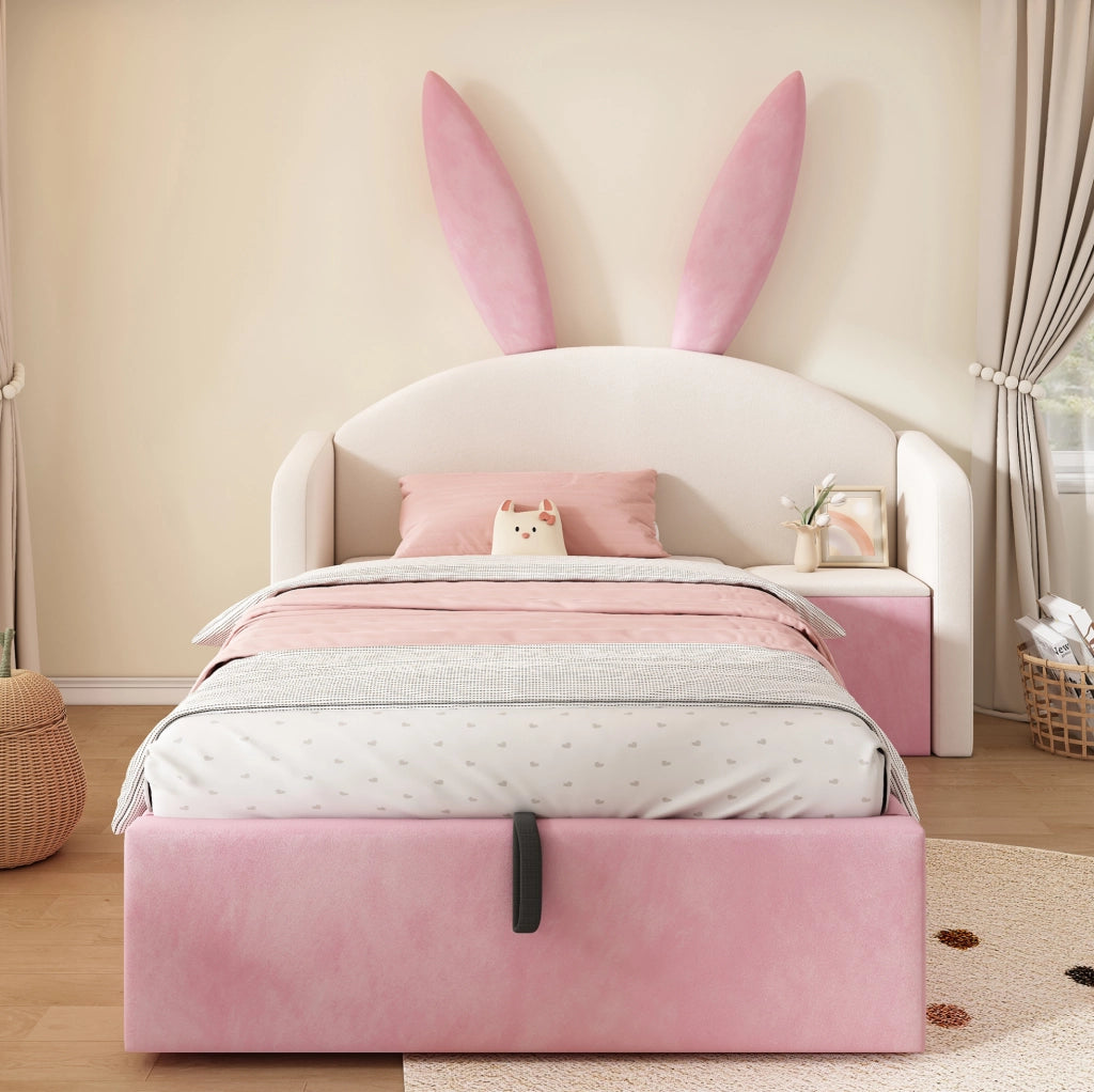 Letto per bambini 90x190 cm in velluto con comodino, beige e rosa
