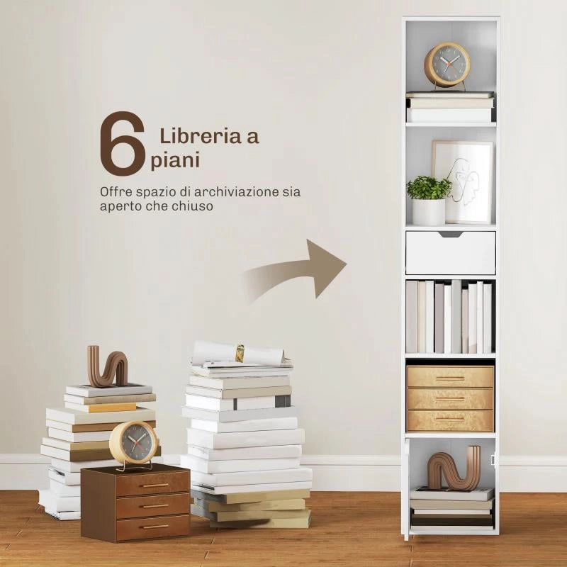 SCAFFALE LIBRERIA A 4 RIPIANI APERTI CON ARMADIETTO E CASSETTO, 30X24X158 CM, IN LEGNO BIANCO