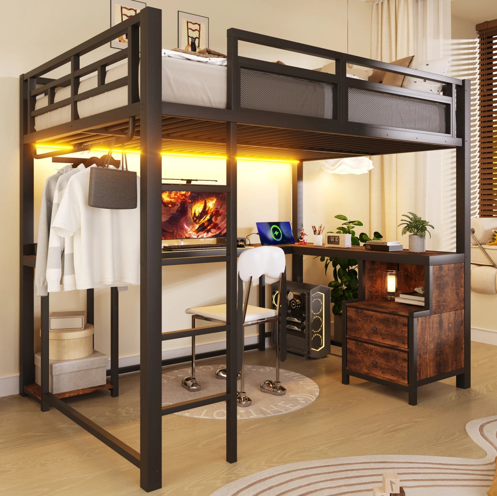 LETTO a soppalco 140x200 cm in metallo nero con scrivania, ripiani e barra appendiabiti