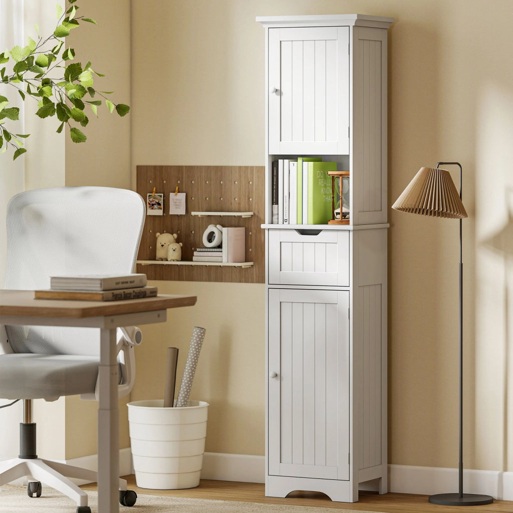 Mobile Colonna Bagno 40x30x170 cm con 2 Armadietti con Sensore Ripiano Aperto e Cassetto in Legno Bianco