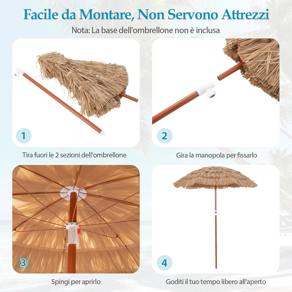 Ombrellone da Spiaggia 175 cm, Ombrelloe di Paglia PP con Borsa, Parasole Hawaiano con Inclinazione Regolabile, con Base, per Spiaggia Giardino Piscina (175 cm con Base)