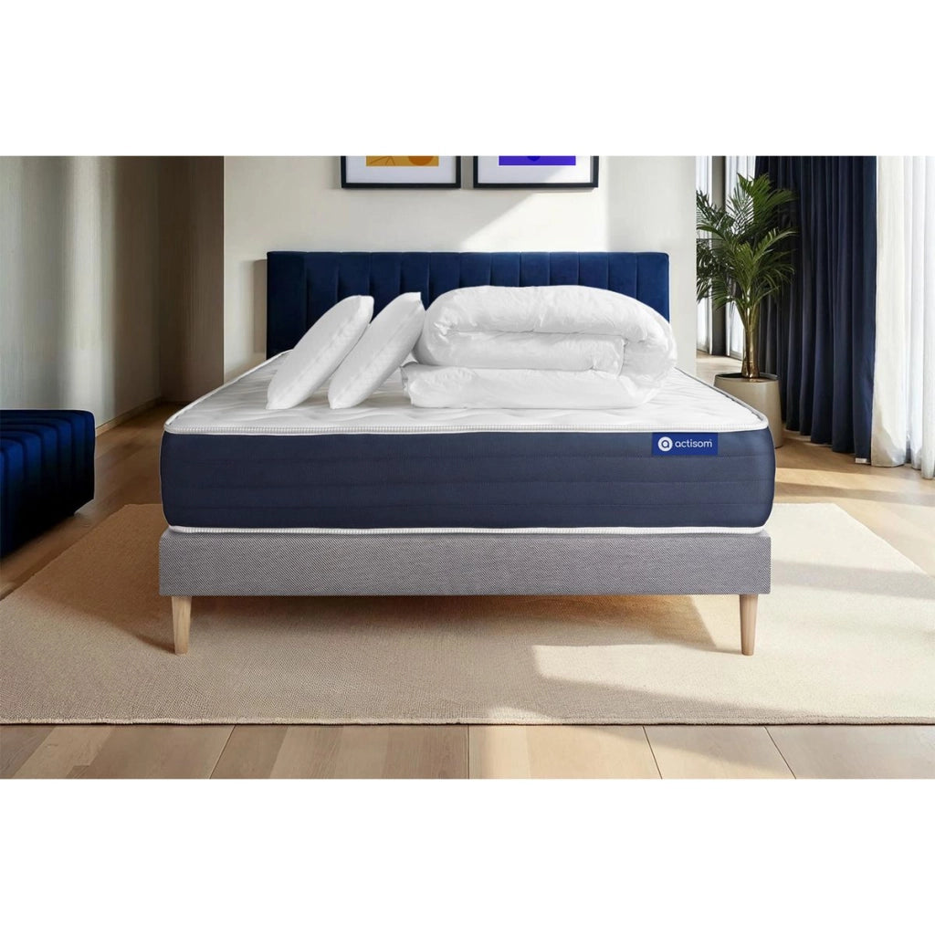 Pacchetto letto completo - Materasso 140x200cm + Box spring con doghe (in kit) + 2 cuscini + Piumino - Actimemo Sleep