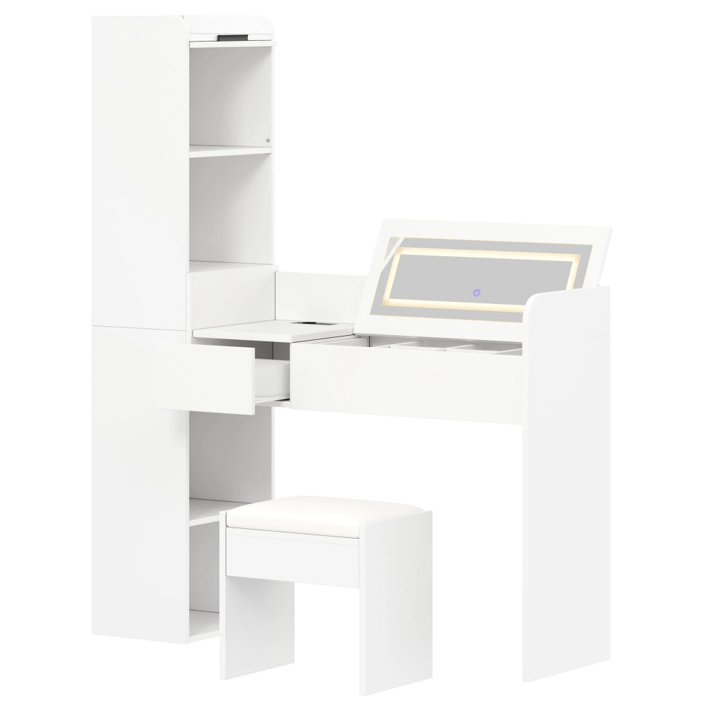 Toeletta con specchio LED pieghevole tre luci USB armadio laterale e sgabello bianca 131 × 40 × 160 cm