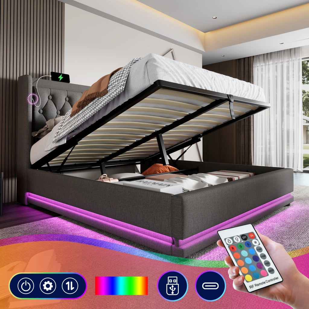 OKWISH Letto Contenitore 180×200 cm, Letto Matrimoniale con USB, Type C, LED e Testiera Imbottita, senza Materasso, in Cotone, Grigio