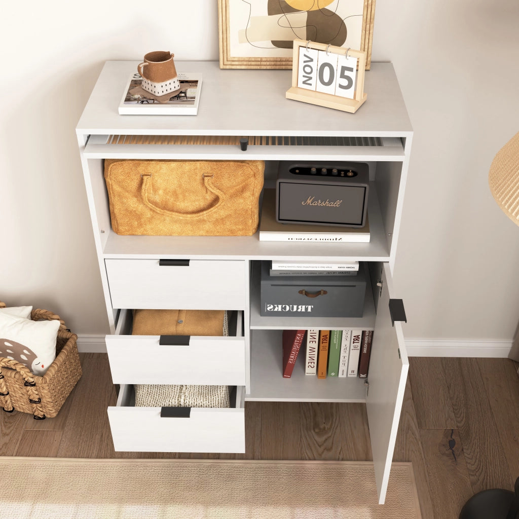 Credenza con 3 Cassetti; 1 Anta e 1 Anta in vetro; Ripiani regolabili; per Cucina; in Pannelli di particelle; 85×40×120 cm; Bianco