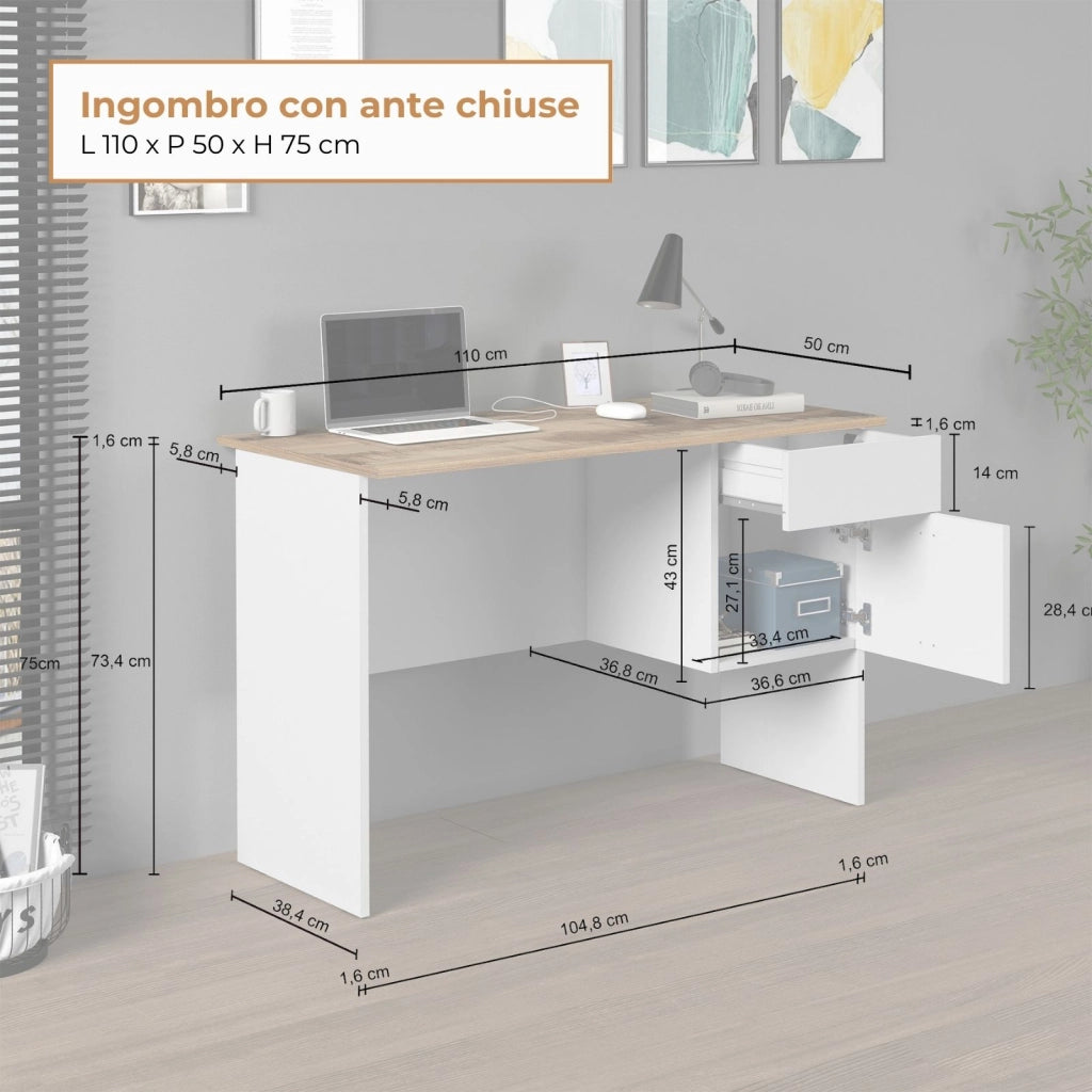 WHOUS Scrivania Easy 1 anta e 1 cassetto acero e bianco opaco 110x50x75 cm