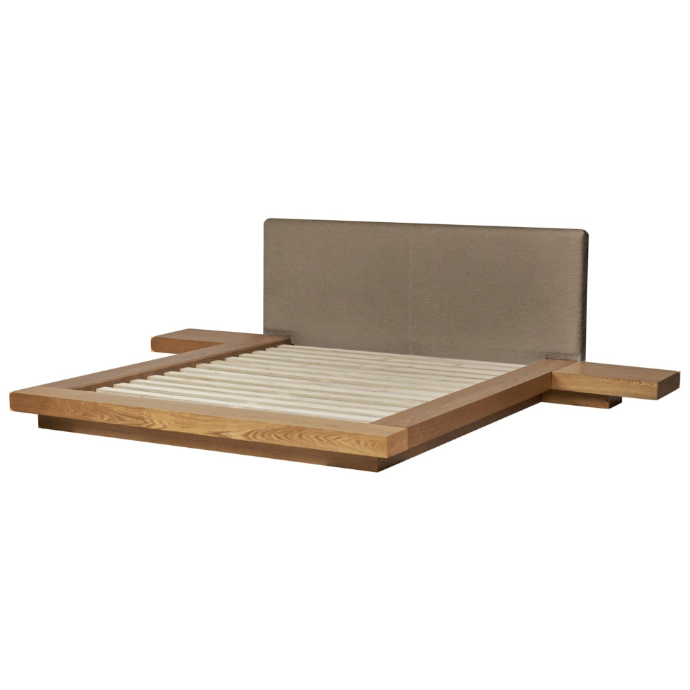 Letto in stile giapponese in frassino naturale 160 x 200 cm con testiera bassa in bouclé e impiallacciatura per camera da letto