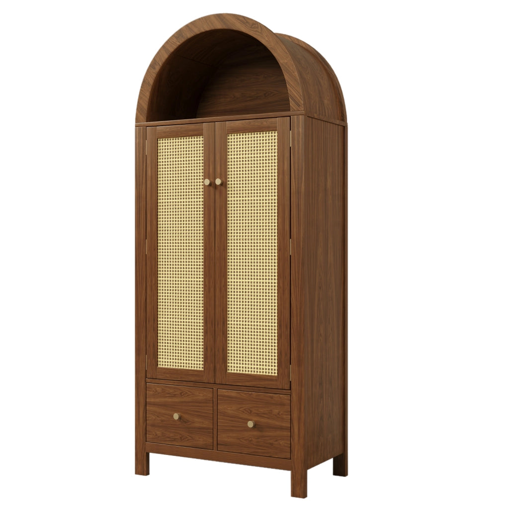 Armadio con anta ad arco, effetto noce, inserti in rattan, 2 cassetti e asta appendiabiti