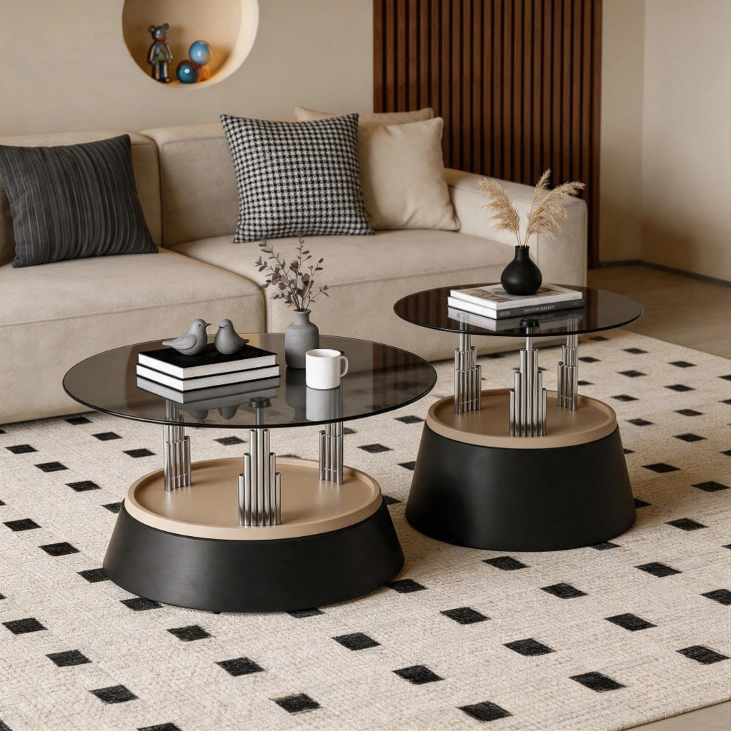 Set di 2 tavolini neri in vetro temperato e metallo; design nesting