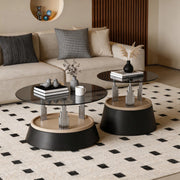 Set di 2 tavolini neri in vetro temperato e metallo; design nesting