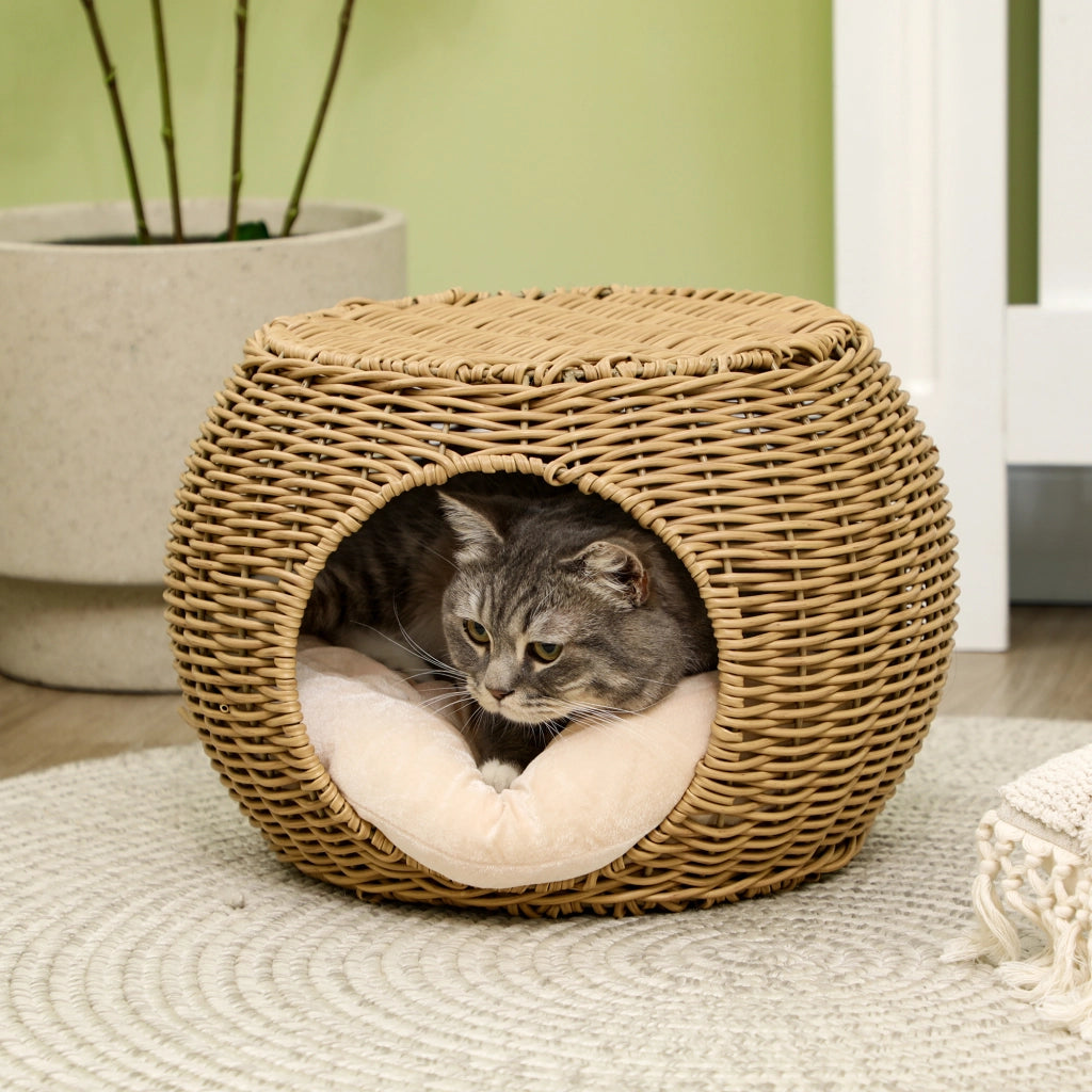Cesta per Gatti a 2 Livelli ¨C zephmum ¨C Resina Effetto Rattan con Cuscino Marrone Chiaro ?40x30cm