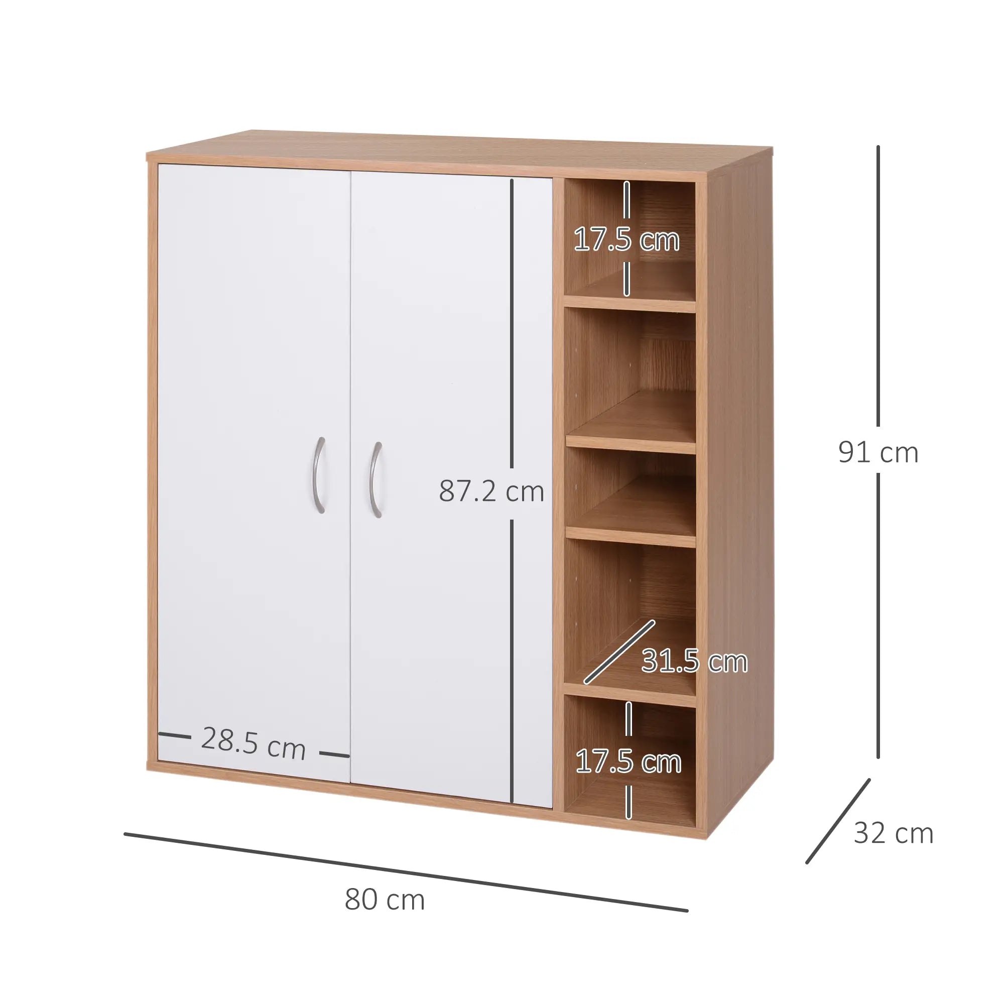 Credenza con 2 Ante e 5 Ripiani in Legno e Bianco 80x32x90.5 cm