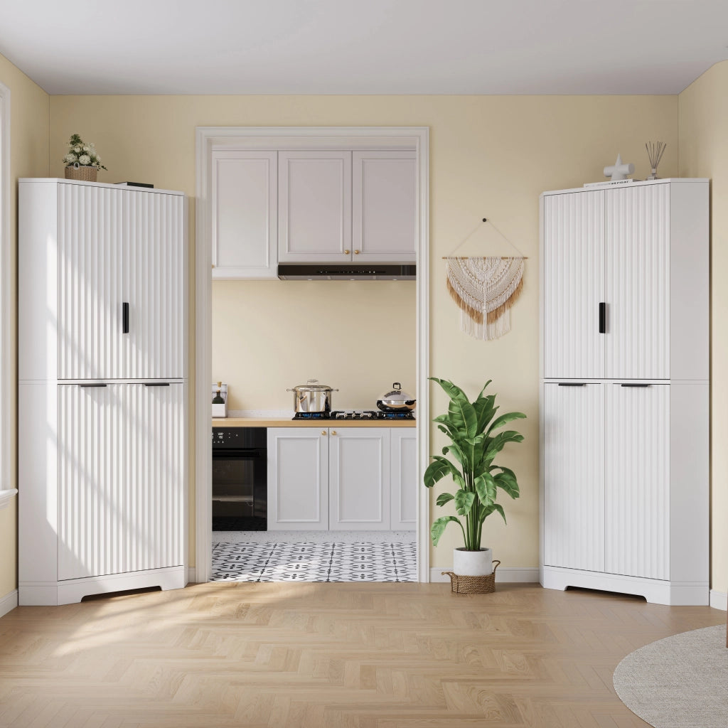 Armadio angolare con ripiani regolabili e ante scanalate; 60 x 60 x 172 cm; MDF bianco