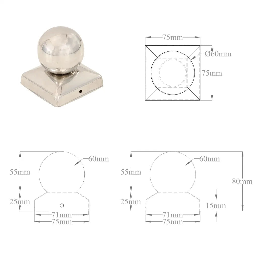 Tappi per Pali 6 pz Estremità a Globo in Acciaio Inox 71x71 mm 145493