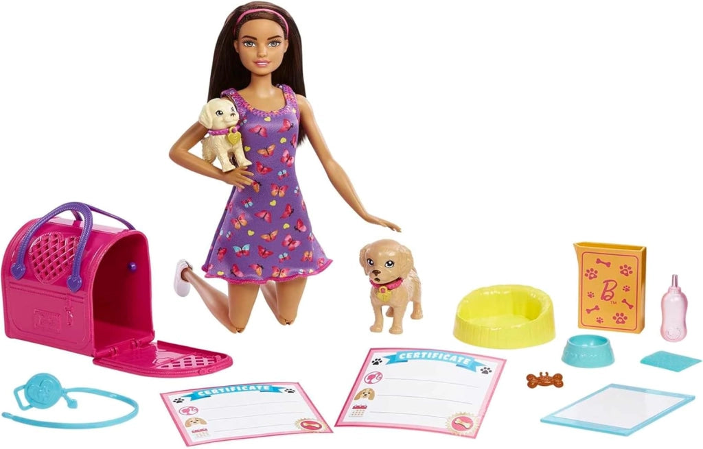 Barbie - Cuccioli Adottati Playset con bambola castana vestita di viola, 2 cuccioli, animale e tappetino per la pipi cam