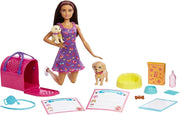 Barbie - Cuccioli Adottati Playset con bambola castana vestita di viola, 2 cuccioli, animale e tappetino per la pipi cam