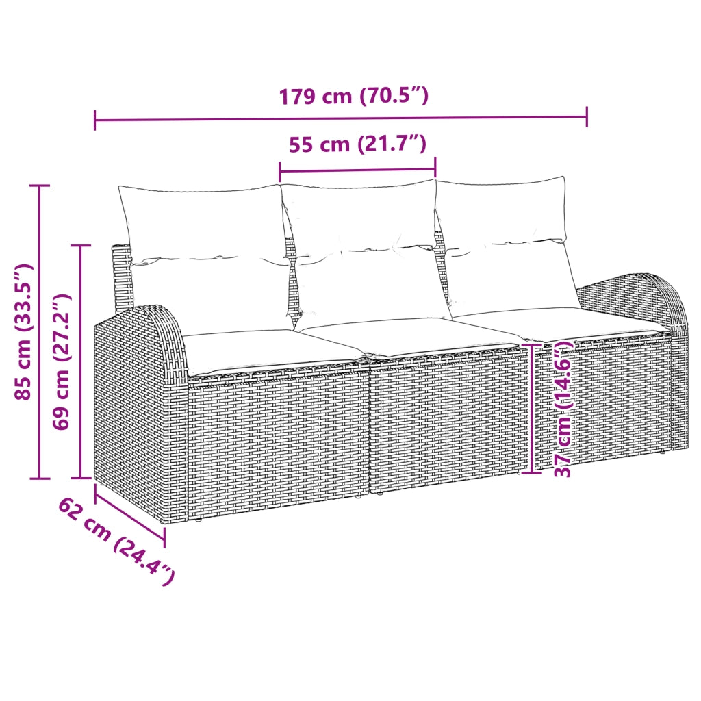 Set divano da giardino 3 pezzi con cuscini rattan nero