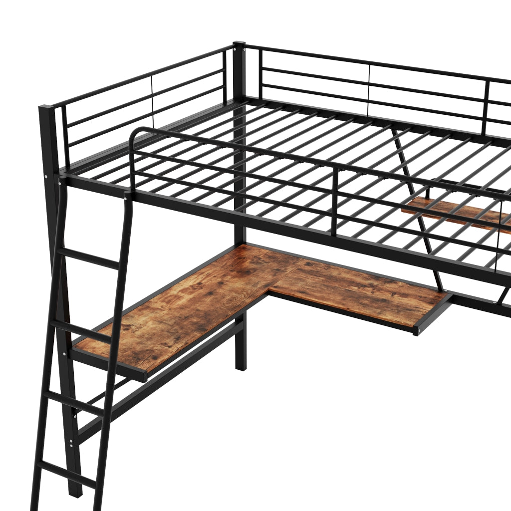 Letto a castello metallo nero con scrivania a l e ripiano 90x200 cm