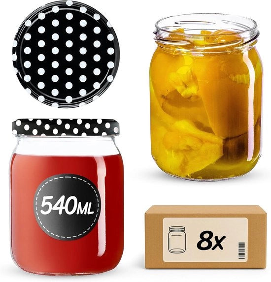 Set di 8 Pentole di Cottura 580 ml – Pentole a Viti in Vetro Ø82 mm – Ercolier per Miele, Verdure e Frutta – Pentole a Cuore