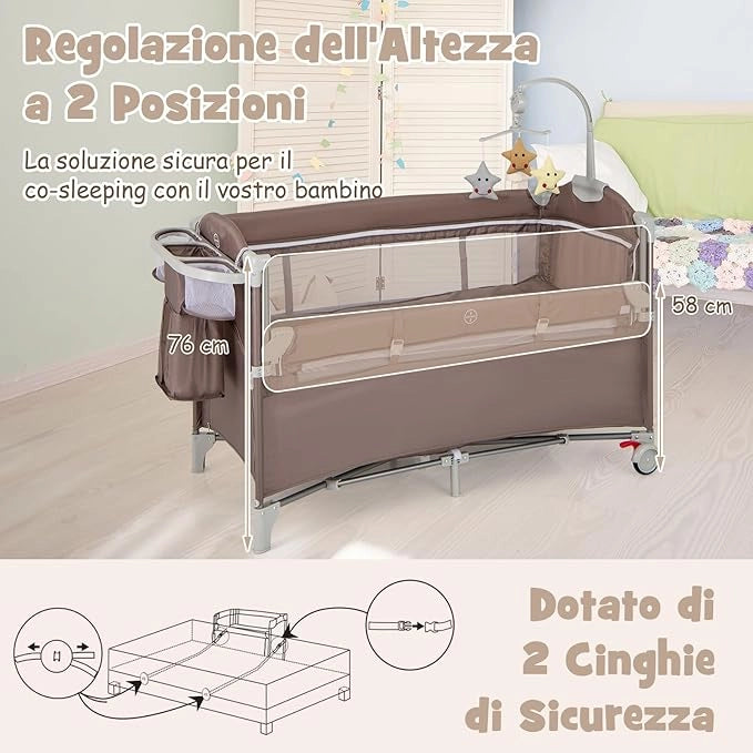 4 in 1 Lettino per Bambini con Materasso, Lettino Culla da Viaggio per Neonati, Culla Neonato con Fasciatoio, Box Portatile Pieghevole, con Ruote e Borsa, 125 x 65 x 119 cm (Caffè)