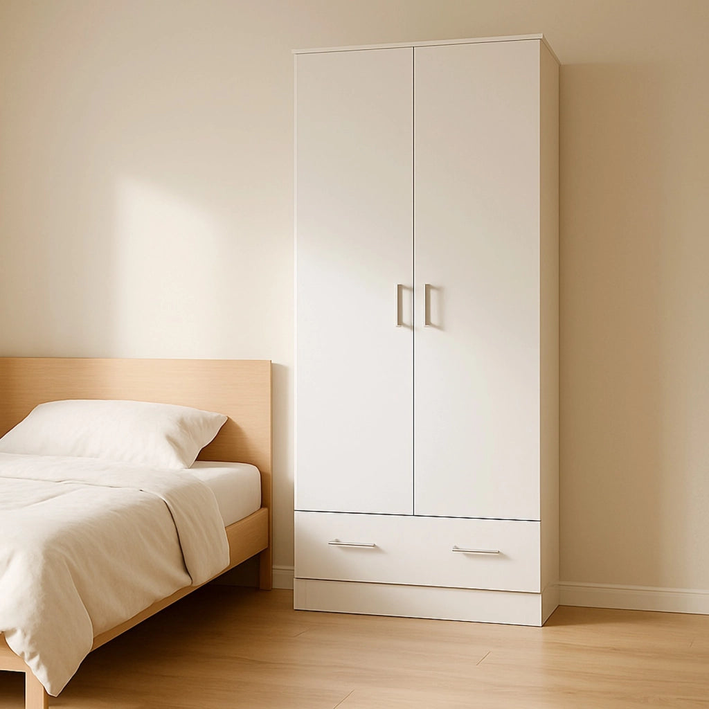 Armadio Design Moderno Con 2 Ante E 1 Cassetto Multiuso Salvaspazio Con Ripiani Interni E Vano Contenitore Per Camera Da Letto O Ingresso 79.4 X 35.7 X 170.4 Cm Bianco