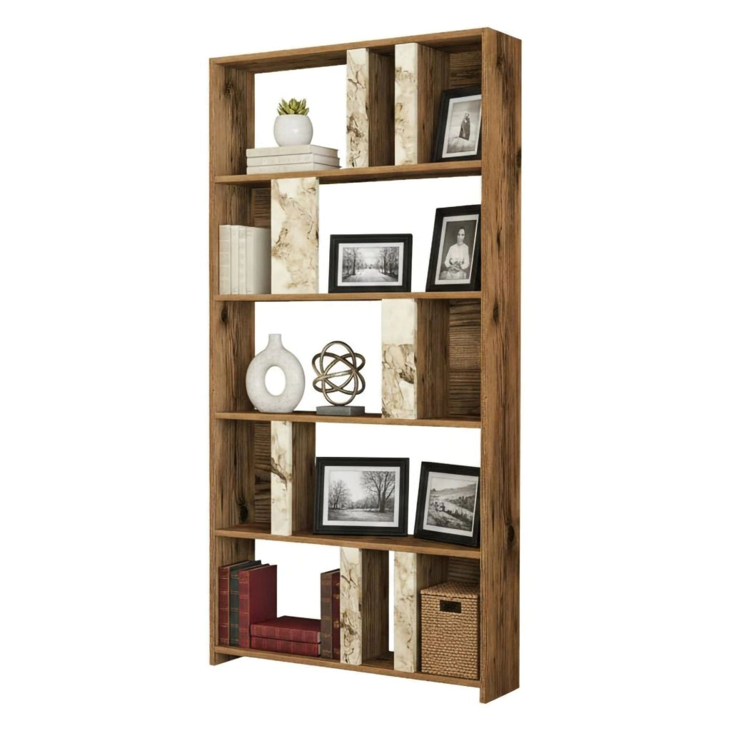 Libreria Scapolita, Scaffale da ufficio, Mobile portalibri, Biblioteca, 90x20h180 cm, Noce e Bianco Marmo