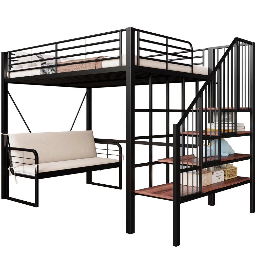 Letto a castello 140x200 cm con divano imbottito rimovibile e scala contenitore in metallo