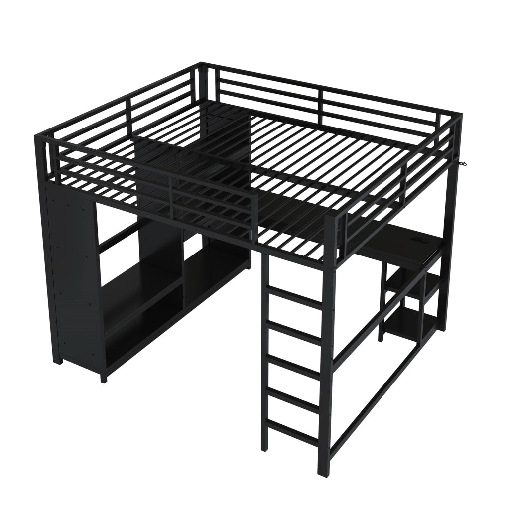 LETTO a soppalco 160x200 cm in metallo nero con scrivania, armadio aperto e LED