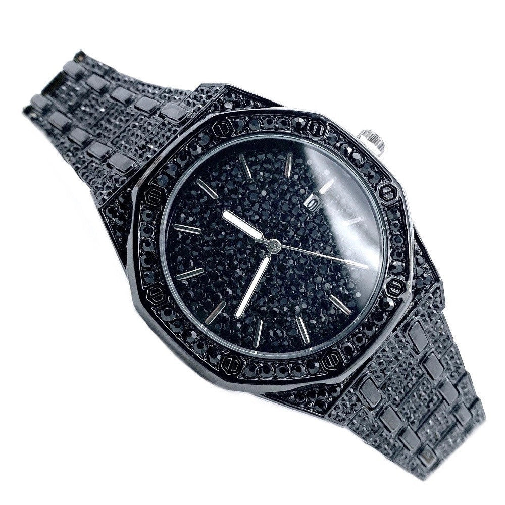 Trade Shop - Orologio Da Polso Acciaio Strass Analogico Brillantini Calendario Elegante Nero -