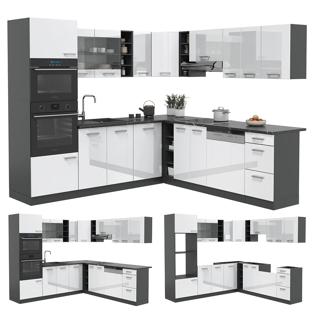 Vicco Cucina angolare completa Bianco lucido/antracite 237 x 247 cm , PL Marmo