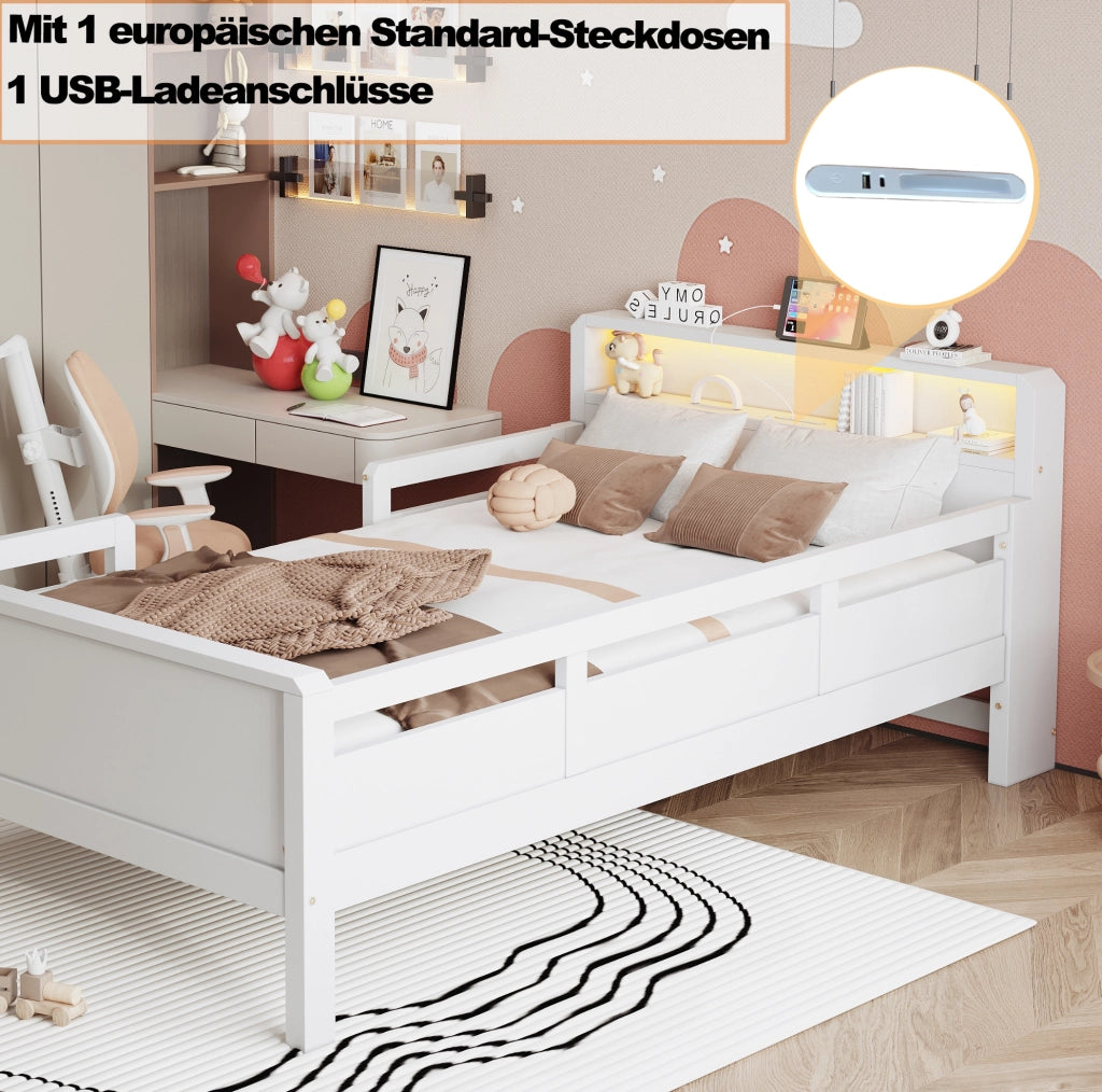 Letto singolo multifunzione 90x200 cm in legno bianco con LED; presa USB e USB-C; testiera con ripiano
