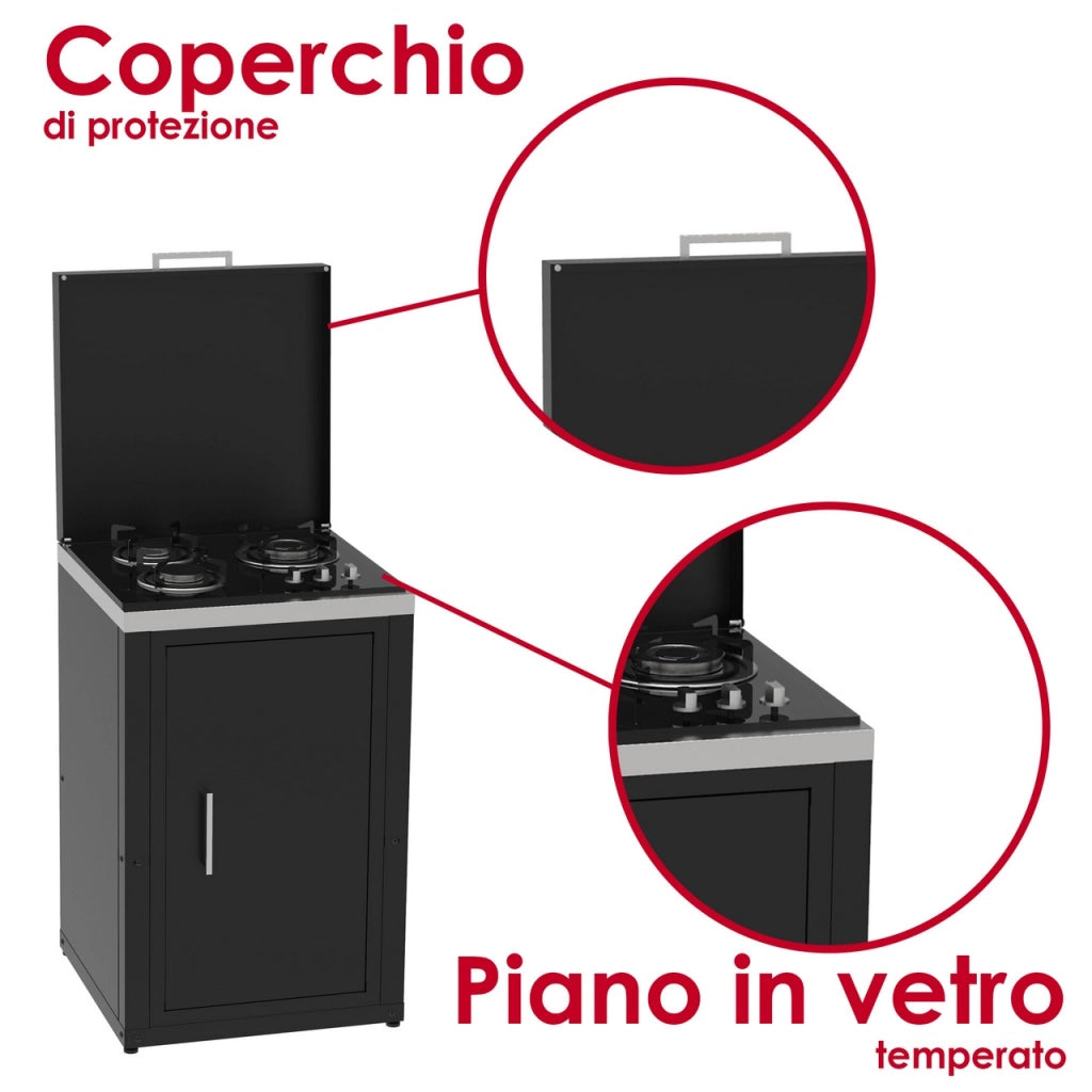 Set cucina da esterno a gas 3 elementi con lavello, rubinetto e tagliere con 2 cassetti estraibili - struttura in acciaio e piano in acciaio inox - Nero