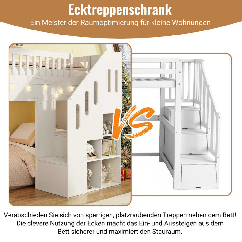 Letto a soppalco per bambini 90x200 cm con scivolo; scala contenitore e LED; in pino bianco