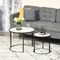 Set di 2 Tavolini da Salotto Rotondi Impilabili in Acciaio ed Effetto Marmo, Bianco