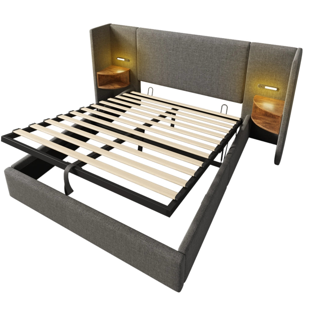 Letto matrimoniale 160x200 cm in lino grigio con contenitore; lampada lettura e USB/Type-C