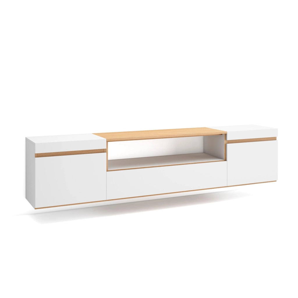 Mobile TV Soggiorno, 200x45x35cm, Per TV fino a 80", Sospeso, da appendere, Bianco e Rovere soft